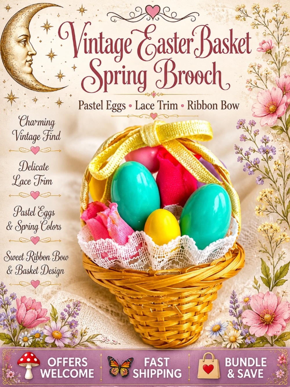 Vintage Easter Basket Brooch Pastel Eggs Lace & Ribbon Spring Pin